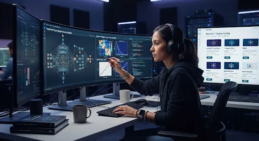 Engineer analysing neural network graphs on large displays