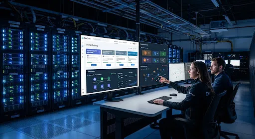 Server room with blue-lit racks and cluster monitoring dashboards