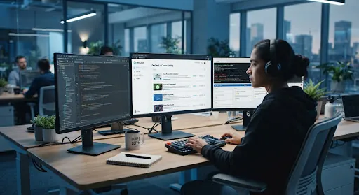 Developer workstation showing Java microservices code across multiple monitors
