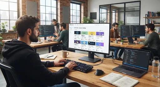 Collaborative engineering studio with code editors open to a JavaScript project