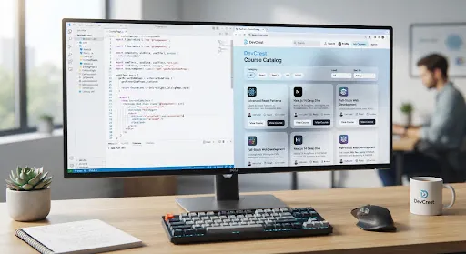 Monitor showing a React and Next.js interface with UI component cards