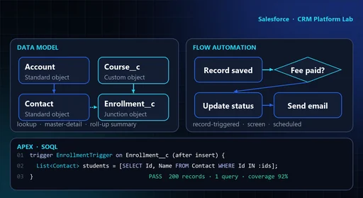 Illustration of a cloud CRM platform connecting records, automation flows and code